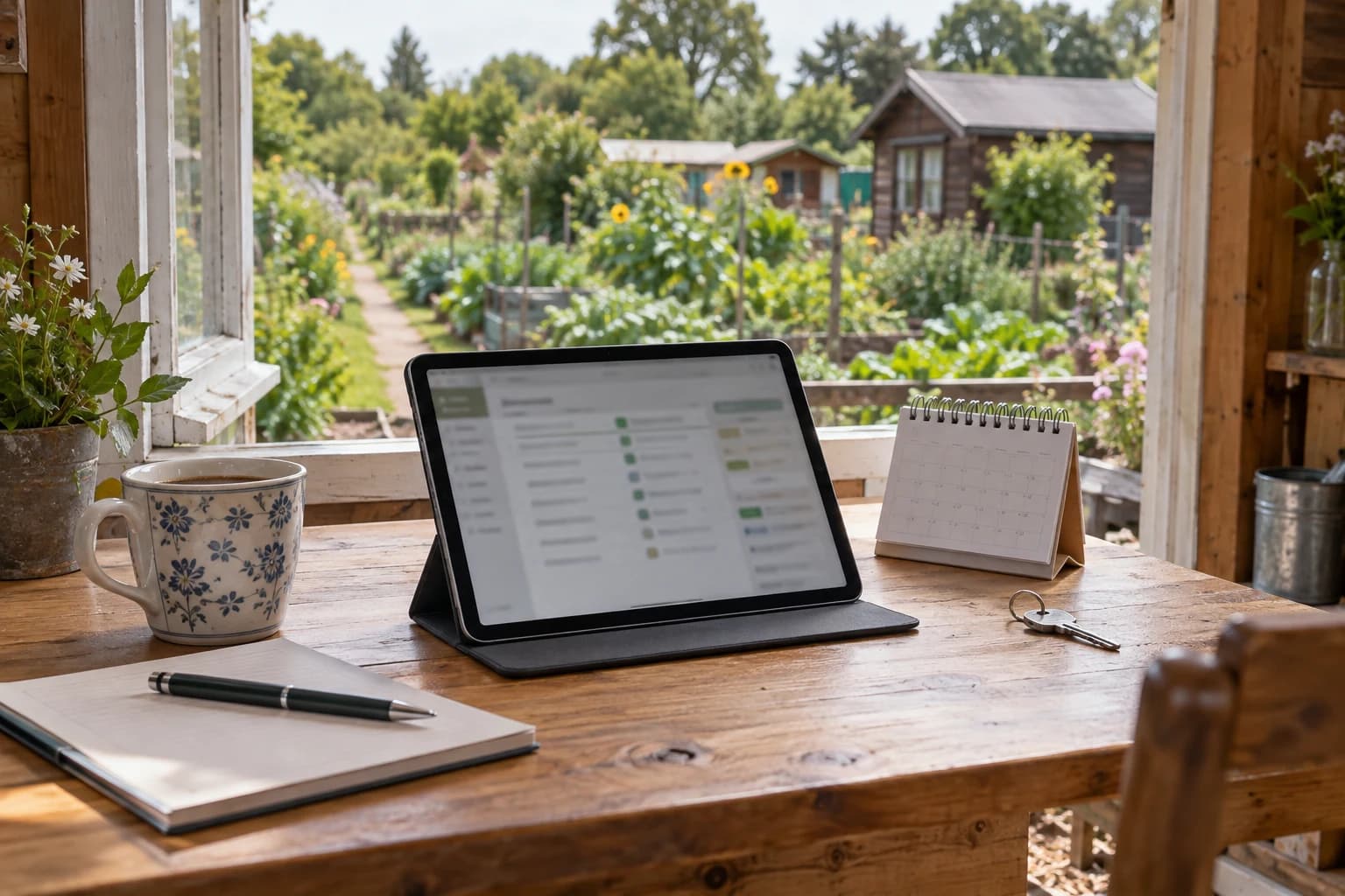 Tablet, Kalender und Gartenschlüssel auf einem Tisch mit Blick in eine Kleingartenanlage