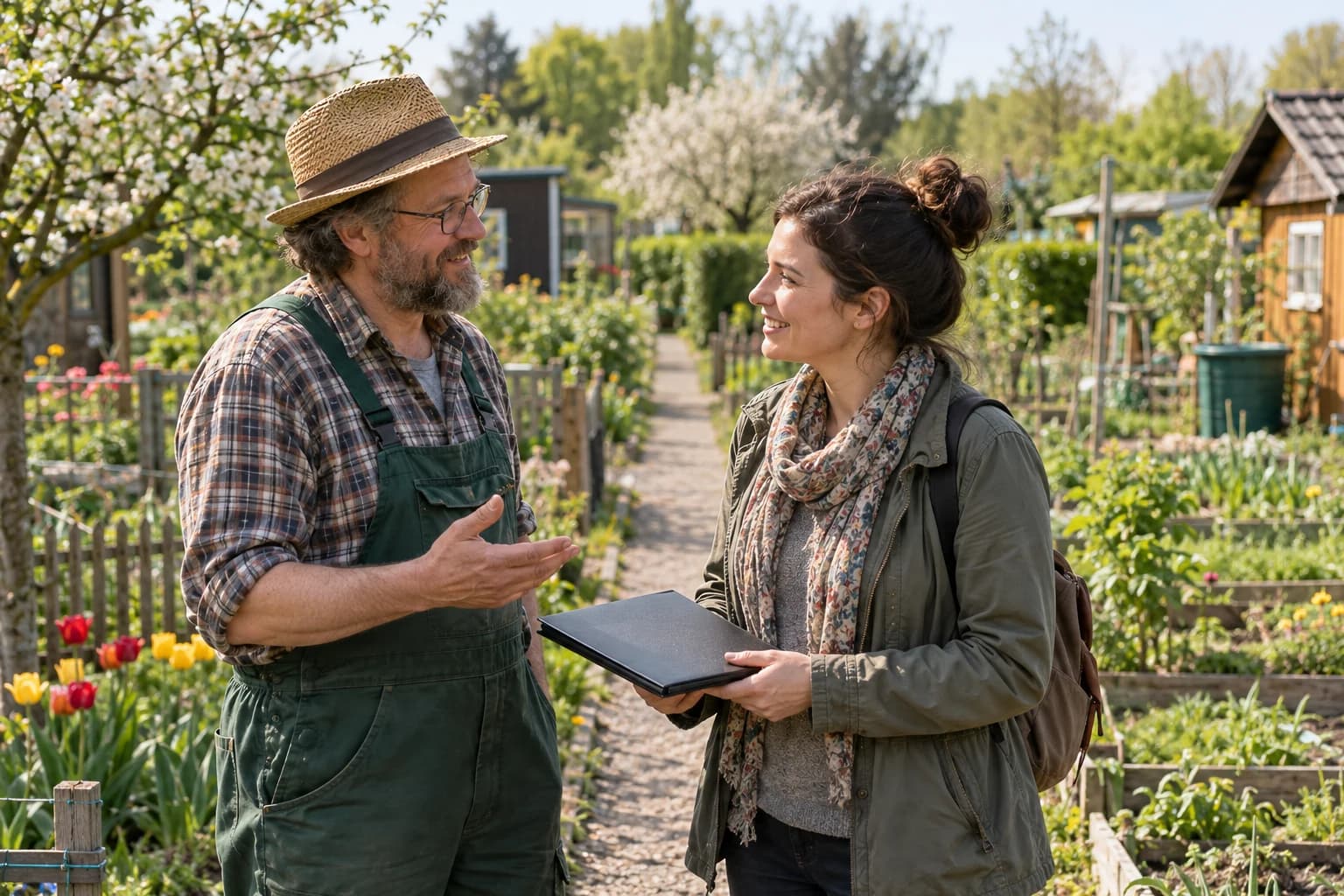 Vorstandsmitglied und Bewerberin sprechen an einem Gartenweg