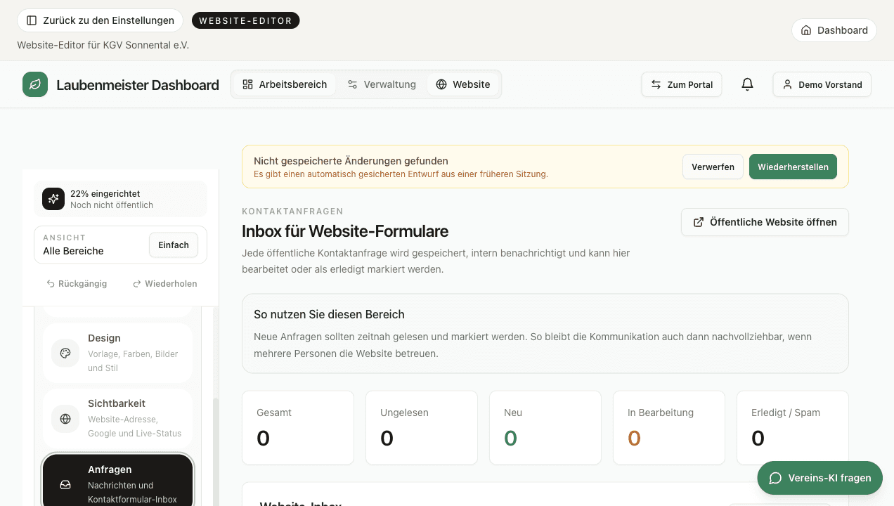 Laubenmeister Ansicht Kontaktanfragen