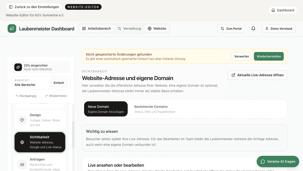 Laubenmeister Ansicht Adresse und Sichtbarkeit