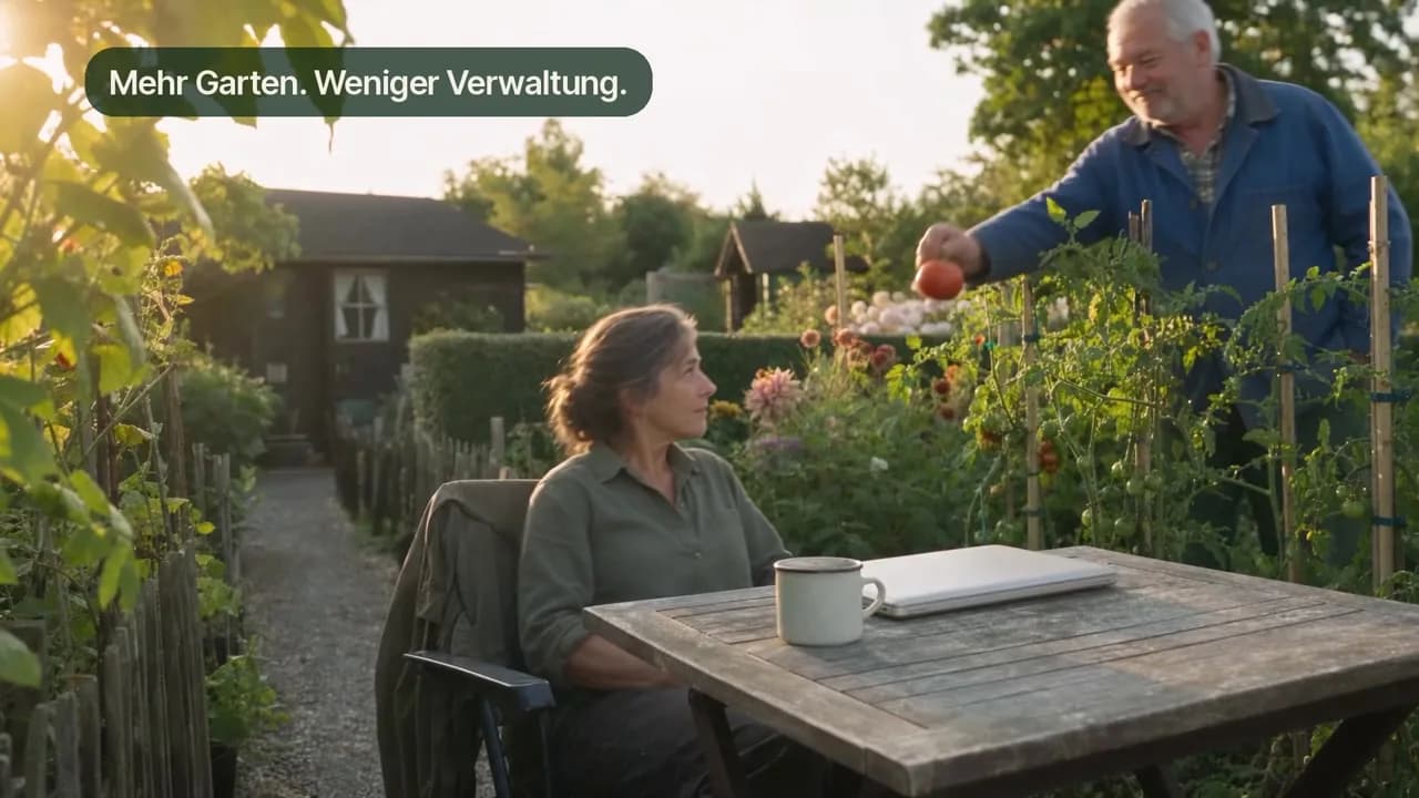 Zwei Gartenfreunde genießen den Feierabend im Kleingarten.