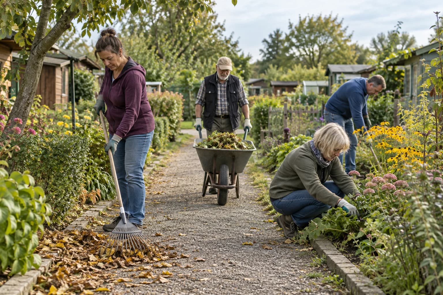 Vereinsmitglieder pflegen gemeinsam einen Weg und ein Beet in der Kleingartenanlage