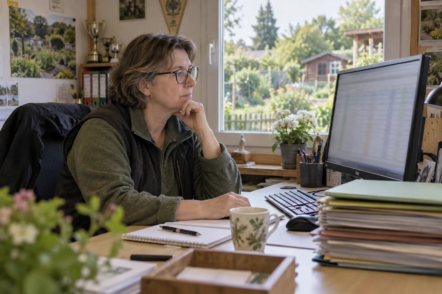 Vorstandsmitglied arbeitet am Rechner neben geordneten Akten