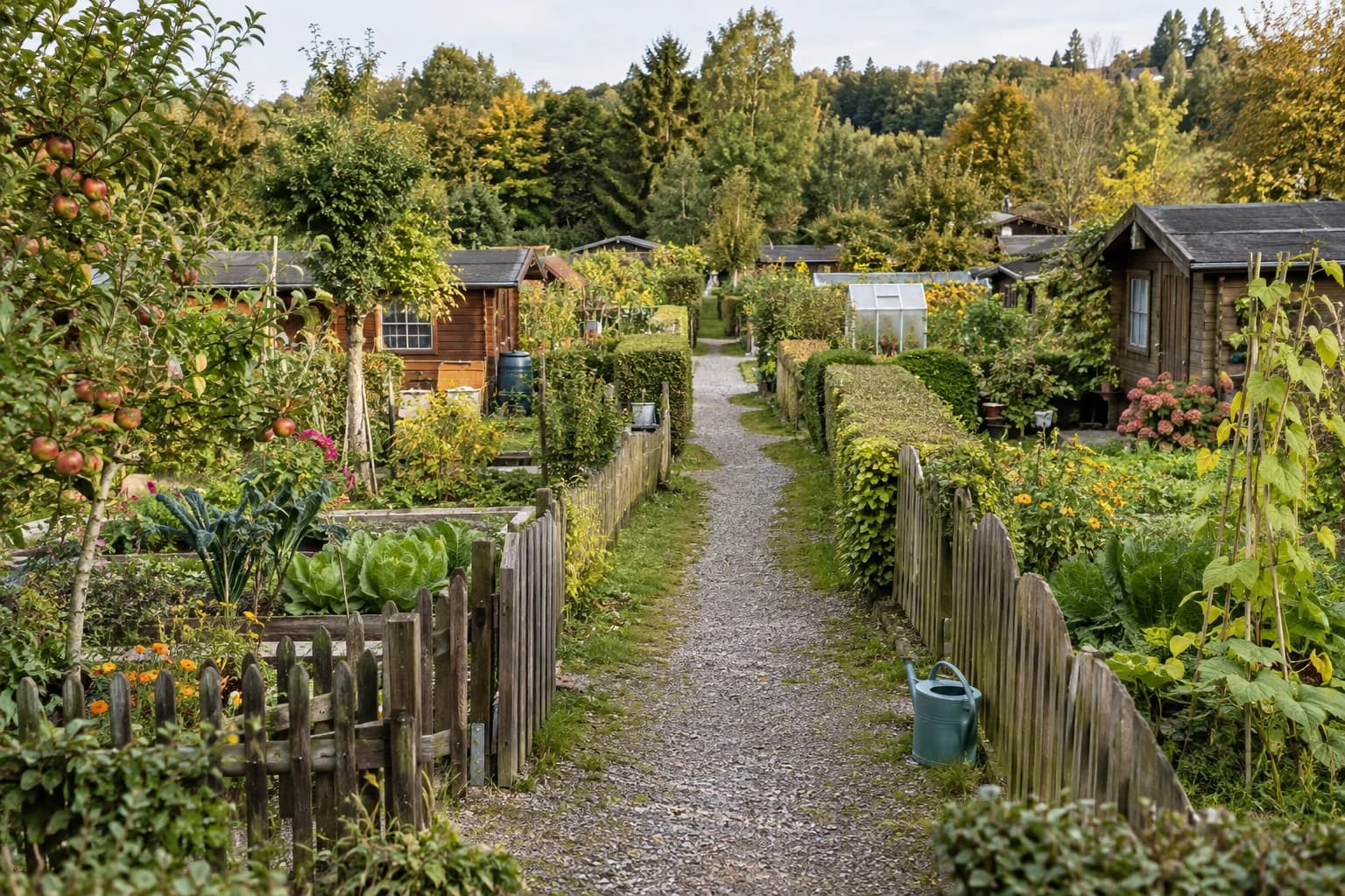 Gepflegte Kleingartenparzellen mit Hecken, Beeten und kleinen Lauben entlang eines gemeinsamen Weges