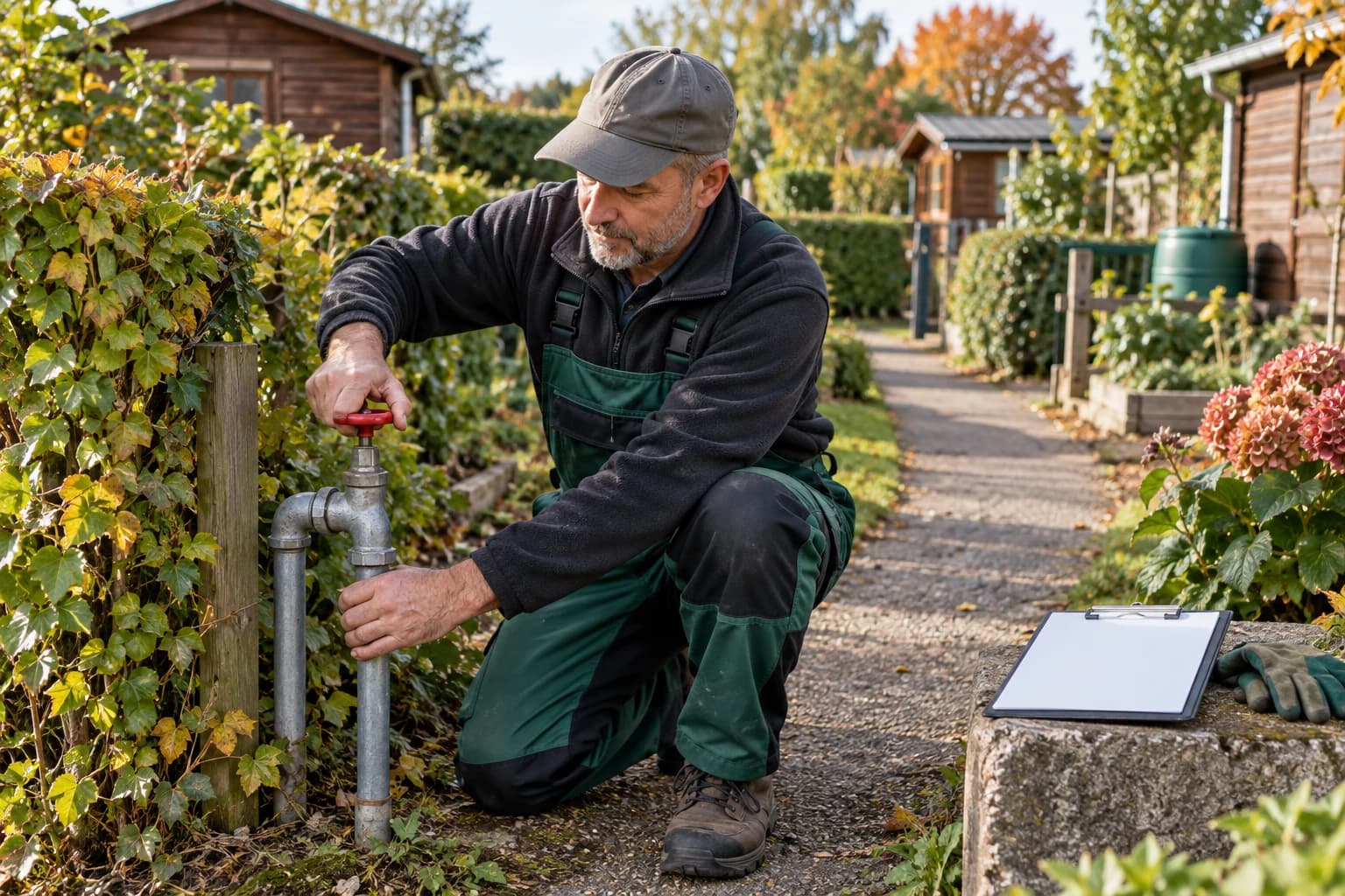 Gärtner schließt ein Wasserabsperrventil in einer Kleingartenanlage