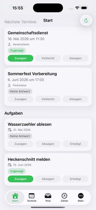 Laubenmeister App mit Terminen und Aufgaben zum Zusagen oder Absagen
