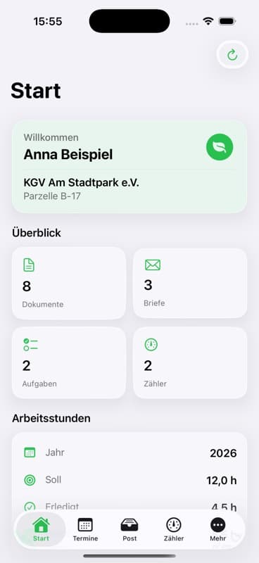 Laubenmeister App Startansicht mit Vereinsdaten, Dokumenten, Briefen, Aufgaben und Zählern