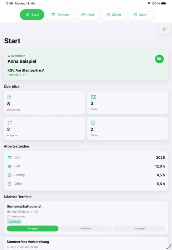 Laubenmeister App auf dem iPad mit Dashboard, Arbeitsstunden und Terminen